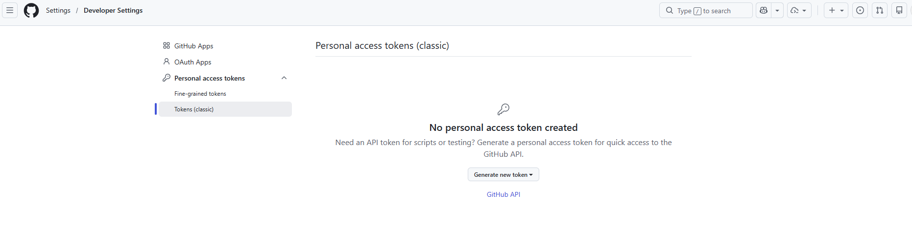 GitHub Developer Settings — Personal access tokens, Tokens (classic) selected in the left nav